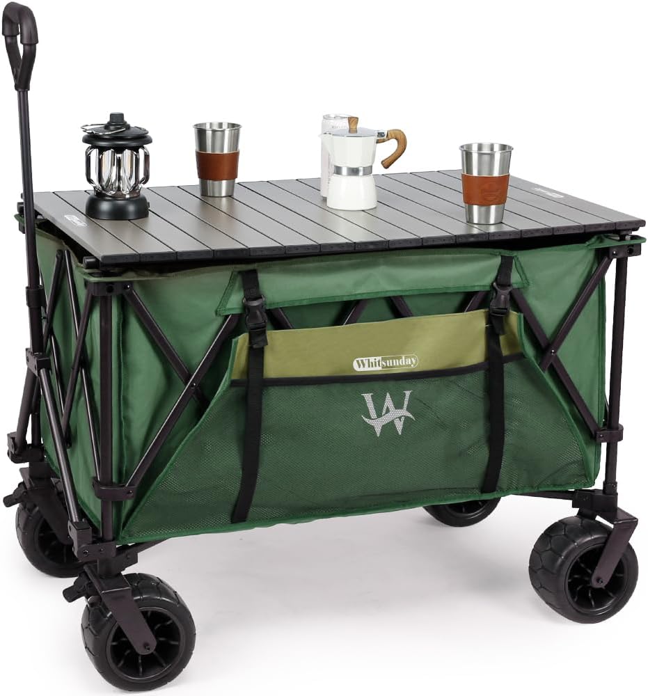Whitsunday Folding Collapsible Wagon,440Lbs Heavy Duty Foldable Utility Camping Wagon Cart with Table and All Terrian Wheel for Beach,Outdoor Green