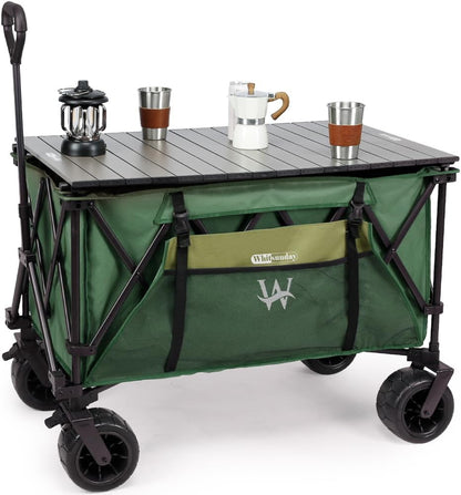 Whitsunday Folding Collapsible Wagon,440Lbs Heavy Duty Foldable Utility Camping Wagon Cart with Table and All Terrian Wheel for Beach,Outdoor Green
