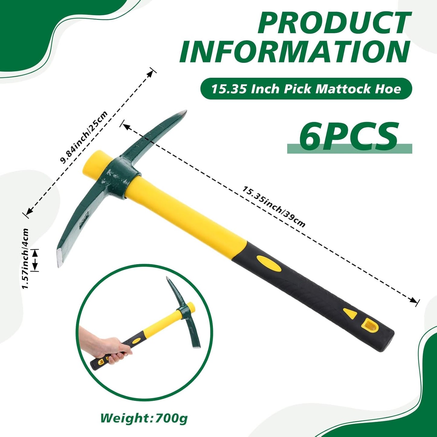 Lothee 6 PCS Pick Mattock Hoe 15 Inch Heavy Duty 1.5Lbs Forged Garden Pick Axe with Rubber Non-Slip Handle Weeding Mattock Hoe Agriculture Hand Tools for Weeding Cultivating Camping or Prospecting