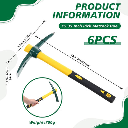 Lothee 6 PCS Pick Mattock Hoe 15 Inch Heavy Duty 1.5Lbs Forged Garden Pick Axe with Rubber Non-Slip Handle Weeding Mattock Hoe Agriculture Hand Tools for Weeding Cultivating Camping or Prospecting