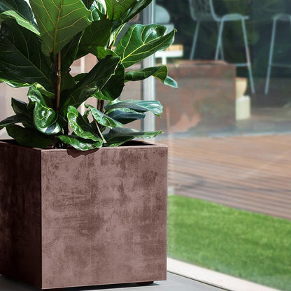 Deroma Millennium 10” Cube Planter | Light & Durable Plastic | Indoor or Outdoor Square Pot for Patio/Porch | Includes Water Reserve & Drain Plug | Trendy Planter for Plants, Flowers, Garden | Brown