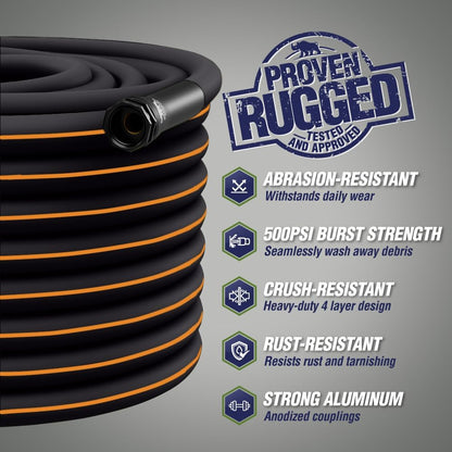 Rugged Rhino Heavy Duty Flexible Light Weight Garden Hose, 100ft x 5/8in, 4 Layer Leakproof Outdoor Gardening Tools, Watering Supplies, Powerful Water Pressure for Lawn, Flowers, Black Orange
