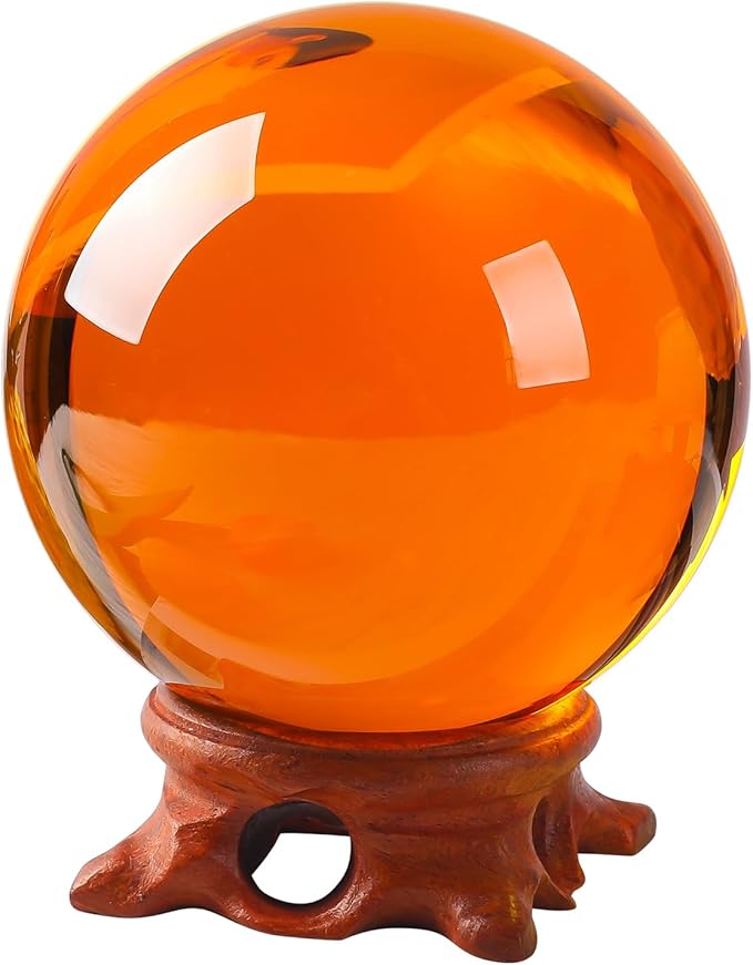 Small Amber Crystal Ball 60mm/2.3 inch with Rose Wooden Stand and Gift Box for lensball Photography,Fortune Teller,Feng Shui, Witchcraft Decor,Scrying,Magic,Crystal Orb Prop Decorative Glass Sphere