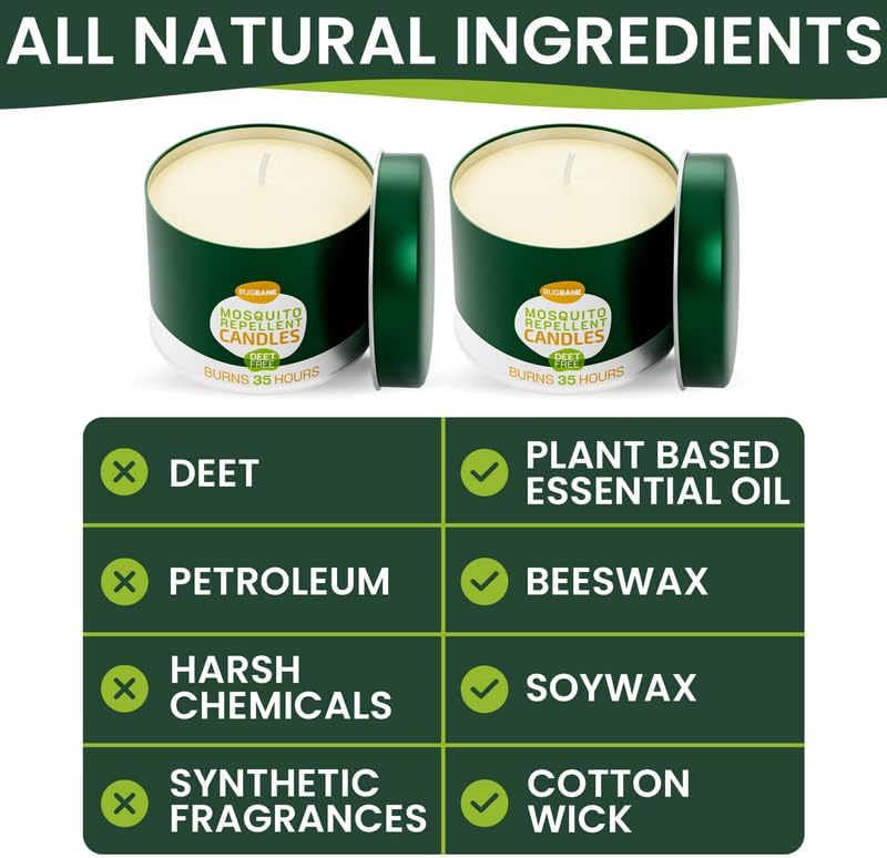 2 Mosquito Candles for Outside. Citronella Candles Outdoor Large. DEET Free with 5 Natural Essential Oils. Insect Fly Bug Candle Repellent Outdoor. Mosquito Repellent Candle Indoor Home Patio Camping