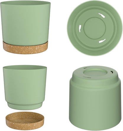 ZMTECH Plant Pots, Set of 3 8'' Self Watering Plastic Planter with Drainage Hole and Saucer, Modern Decorative Flower Pot for Indoor Outdoor House Plants, Succulents, Flowers - Green