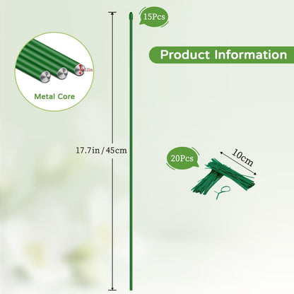 Invisible Plant Support Stakes Bendable 17.7 Inch SupKing 15Pcs Small Plant Sticks Orchid Stakes Green Stem Metal Support Pole Rods for Garden Indoor Outdoor Potted Plants Peony Rose,Comes 20Pcs Ties