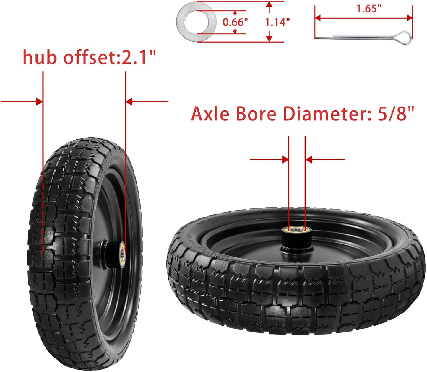 Parts Camp For Gorilla Cart Wheels 13-Inch replacement gorilla cart tires 4.00-6 Flat-free Solid Tire and Wheel For Hand Trucks/Garden Carts/Wheelbarrow/Dolly-5/8"Axle Borehole 2.1"Hub offset (2 Pack)