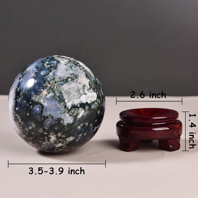 Large Moss Agate Crystal Sphere Natural Healing Crystal Ball with Stand Meditation Decorative Balls Home Decor 90-100mm/3.5-3.9"