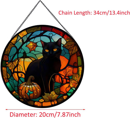 Black Cat Pattern Suncatcher Stained Glass,Hanging Stained Glass for Windows for Cat Lovers,20cm/7.87inch Hand-Painted Sun Catcher Garden Hangings Halloween Fall Christmas Decor for Home