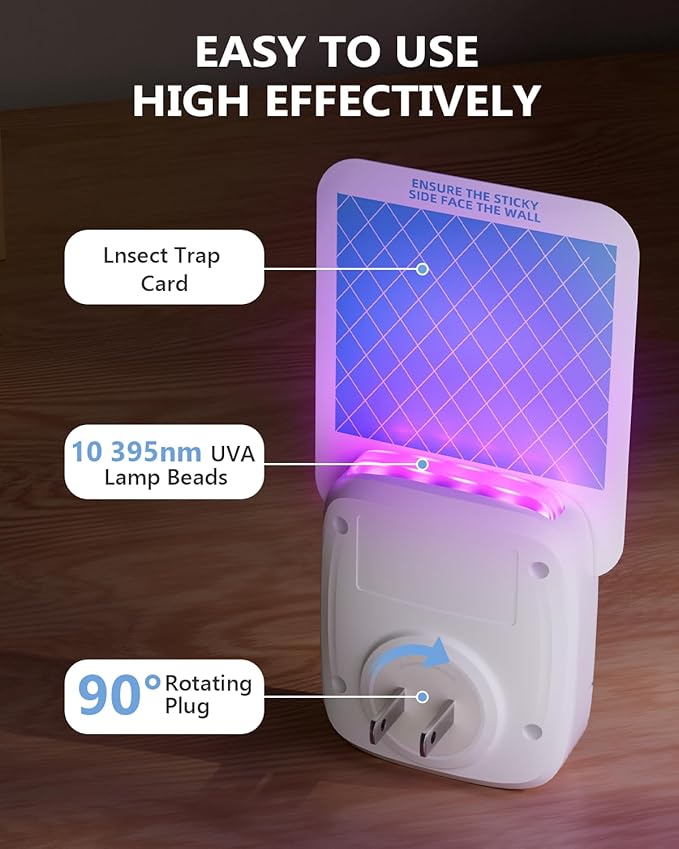 Flying Insect Trap, Plug-in Fruit Fly Trap, （1 Device +5 Glue Cards） Indoor Gnat Traps, 400 Sqft Protection Area, Suitable for Gnat, Moth, and Mosquito, and Can Used in Every Corner of Home