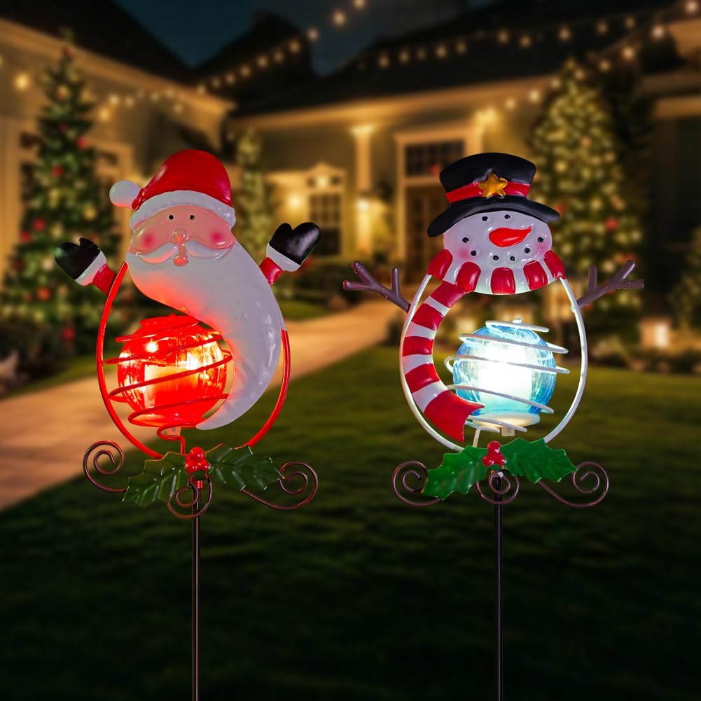 Christmas Solar Garden Lights Outdoor,2 Pack Xmas Santa Claus Snowman Solar Stake Lights,Christmas Decorations Outdoor Present for Yard Garden Patio Decor