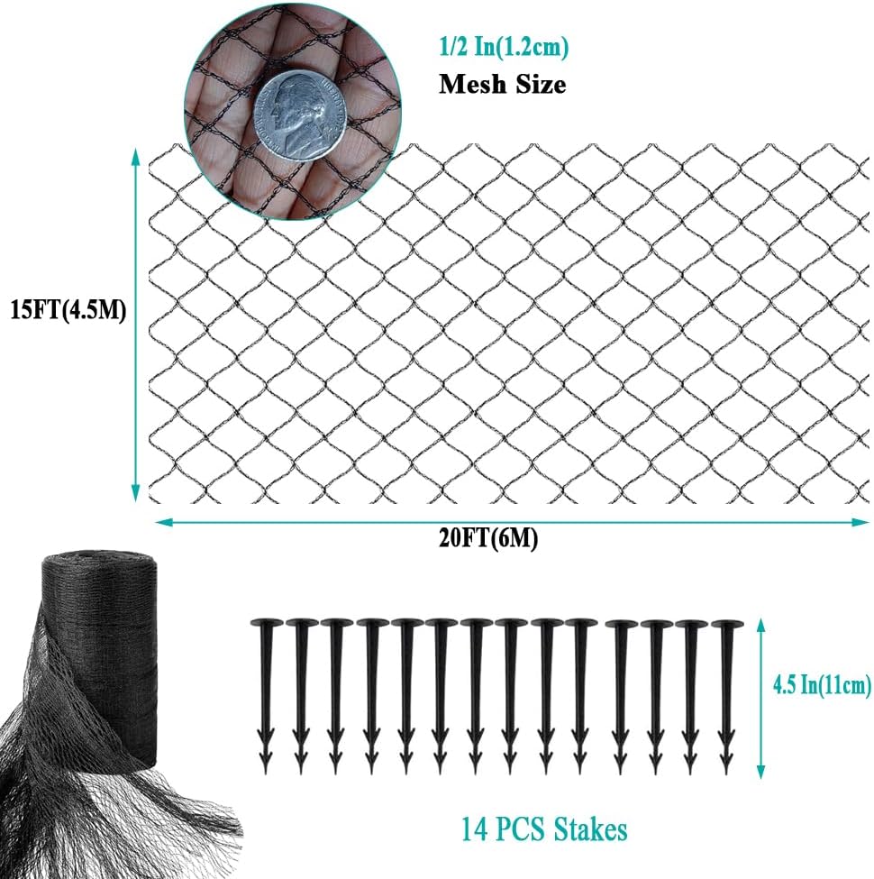 Koi Pond Netting for Leaves 15x20 Ft, 1/2 in Strong Woven Fine Mesh Pond Leaf Net Cover, Protecting Koi Fish from Herons, Raccoons, Birds, Cats & Predators, 14 Pcs Stakes Included