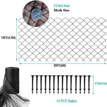 Koi Pond Netting for Leaves 15x20 Ft, 1/2 in Strong Woven Fine Mesh Pond Leaf Net Cover, Protecting Koi Fish from Herons, Raccoons, Birds, Cats & Predators, 14 Pcs Stakes Included