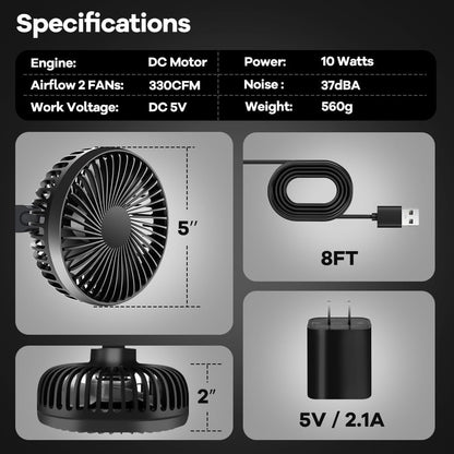 Grow Tent Fan, 5in Two Fans for Greenhouse Plant All Direction Ventilation Circulation Instead of Oscillating, Can Work with Timer and Thermostat, 3 Speeds IP54 Waterproof 8ft Cord Power Adapter