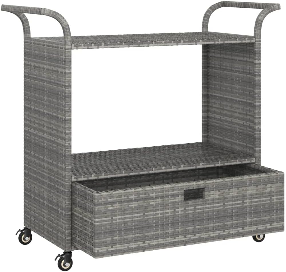 Outdoor Rolling Wicker Bar Cart with Drawer, Portable Bar Cart with Wheels, Patio Kitchen Island Cart for Pool Deck Backyard, Gray 39.4"x17.7"x38.2" Poly Rattan -461