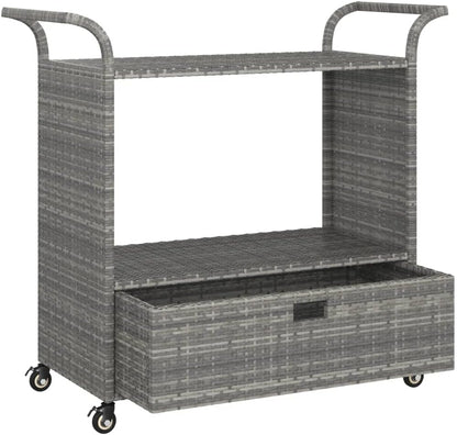 Outdoor Rolling Wicker Bar Cart with Drawer, Portable Bar Cart with Wheels, Patio Kitchen Island Cart for Pool Deck Backyard, Gray 39.4"x17.7"x38.2" Poly Rattan -461