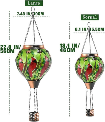 Hot Air Balloon Solar Lantern - Large Cardinal Bird Glass Lantern, Simulated Flickering & Dancing Flame, Big Outdoor Hanging Yard Light Waterproof IP65 for Patio Lawn Porch Decor Gift
