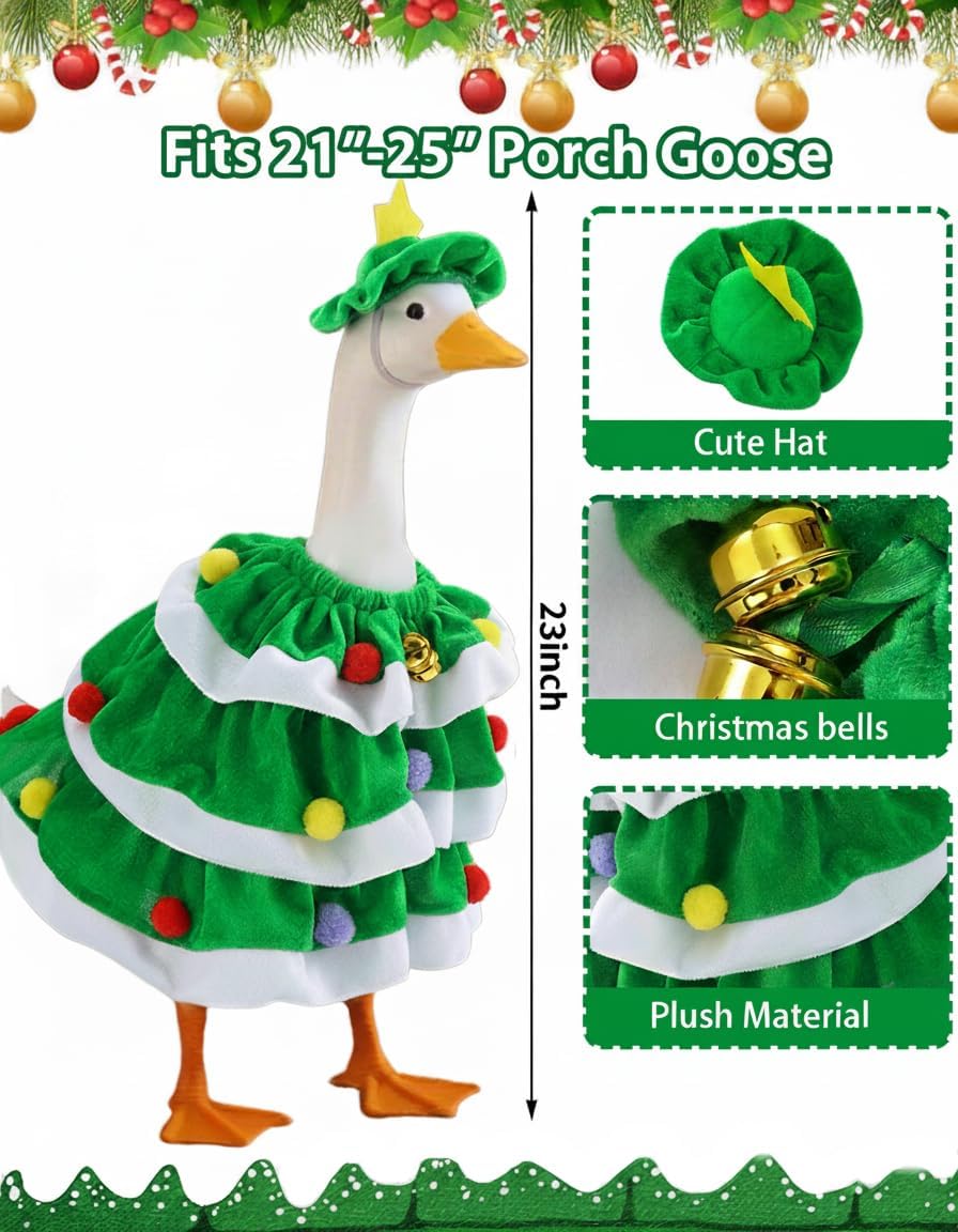 Christmas Porch Goose Outfits With Bells, 2 Pcs/Set Lawn Cement Goose Clothes, 23" Patio Yard Garden Geese Costume Decoration, Green