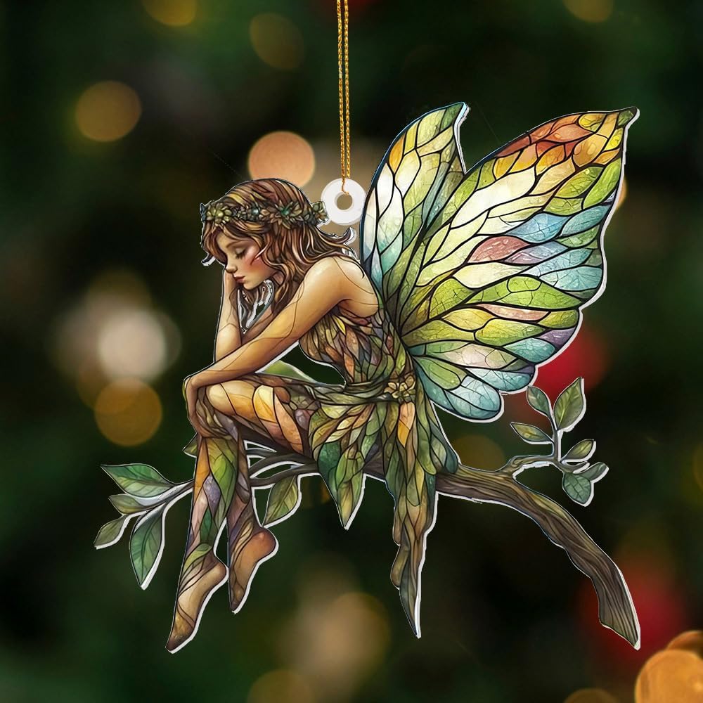 Stained Glass Fairy Ornament – Acrylic Suncatcher Window Hanging, Woodland Fantasy Decor, Christmas Tree Ornament 2025, Car Rearview Mirror Charm, Gift for Fairy Lovers, Women, Girls, Teachers(Sun-10)