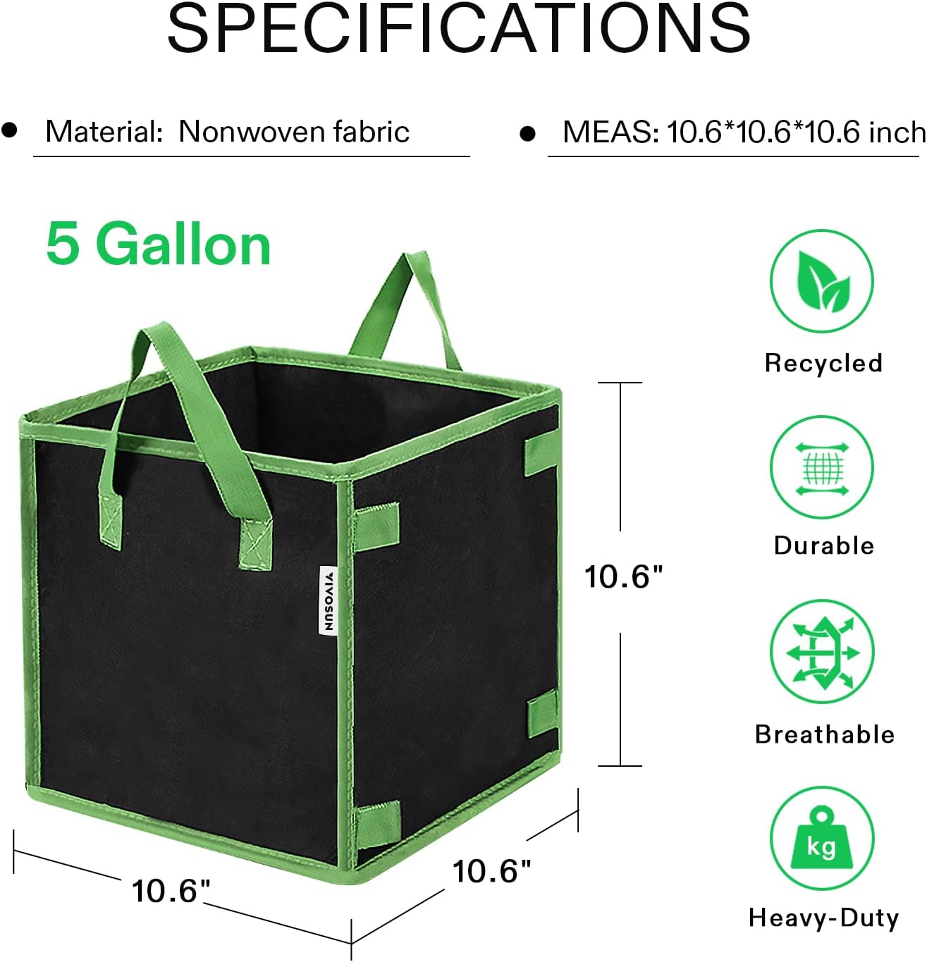 VIVOSUN 5 Pack 5 Gallon Square Grow Bags, Thick Nonwoven Cubic Fabric Pots with Handles for Indoor and Outdoor Gardening