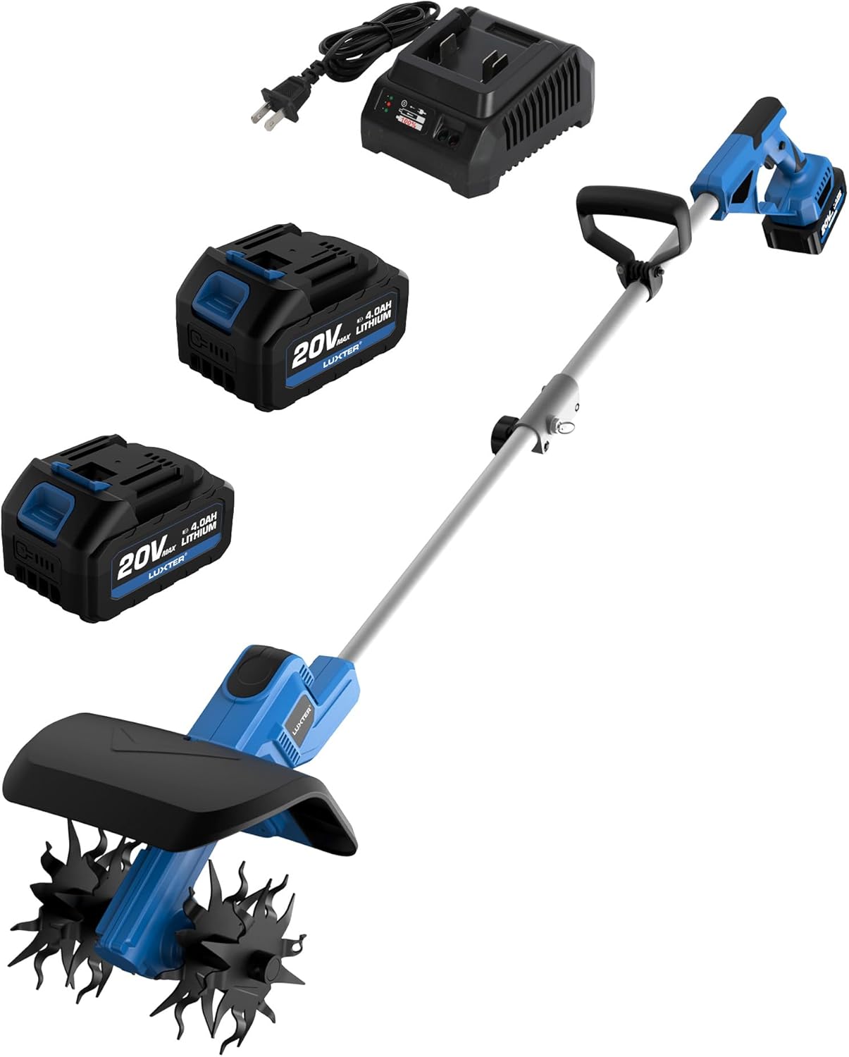 LUXTER 20V Cordless Tiller for Gardening 8.6 Inch Electric Garden Cultivator with 48 Steel Tines Lightweight Cultivators 2×4.0AH Batteries & Fast Charger for Smooth Ground Breaking,Tending,Composting