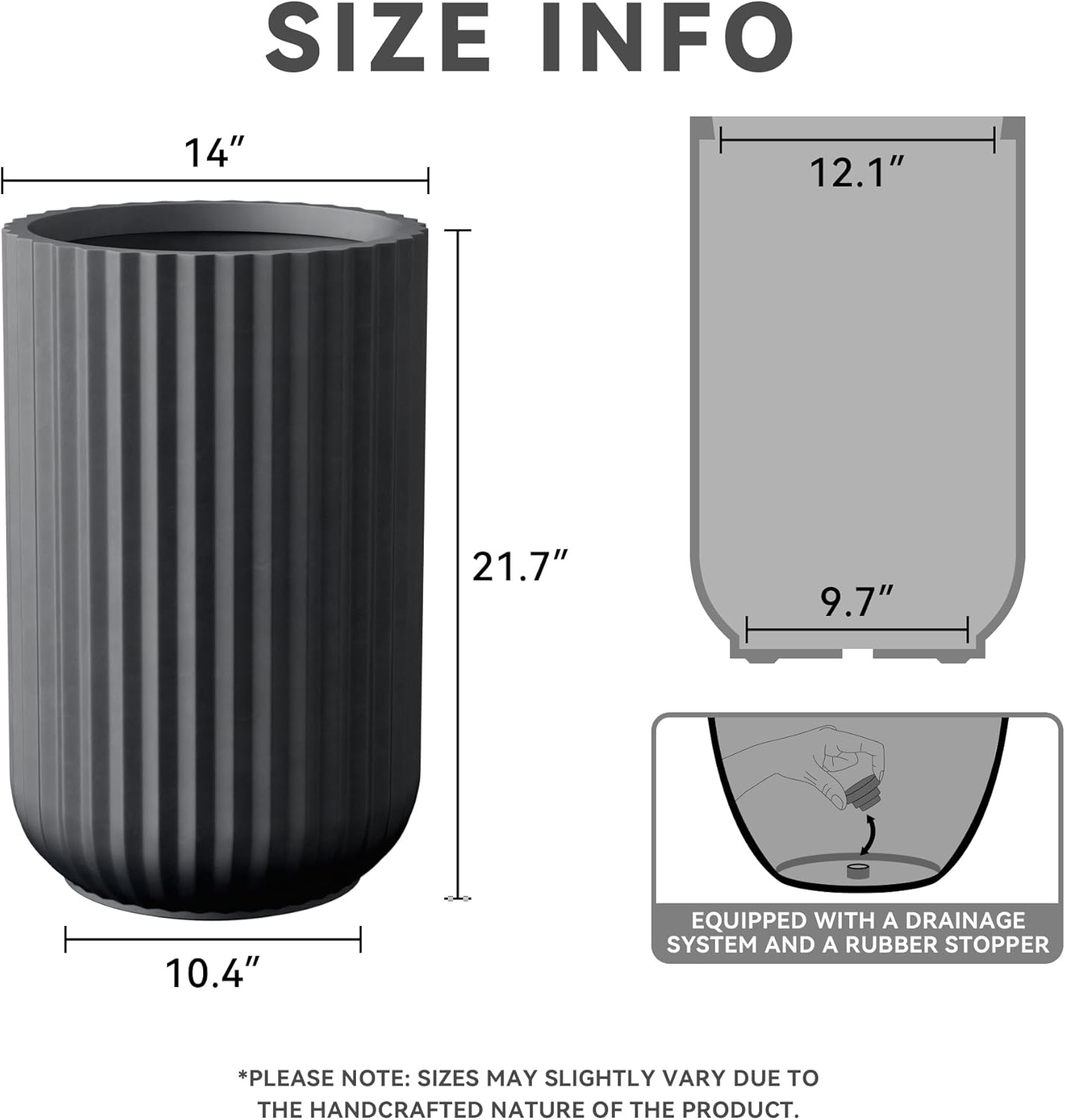 Kante Tall Fulted Planter, 21.7 Inch Tall Round Concrete Plant Pots with Drainage Hole and Rubber Plug, Modern Decor for Indoor Outdoor Plants, Flower, Black