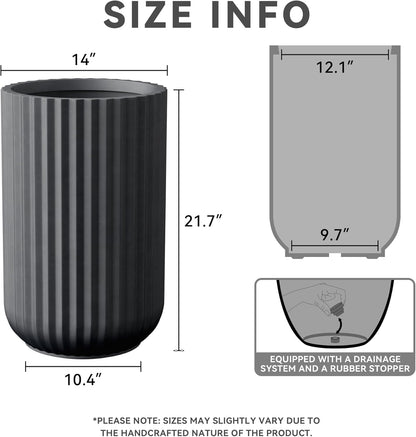 Kante Tall Fulted Planter, 21.7 Inch Tall Round Concrete Plant Pots with Drainage Hole and Rubber Plug, Modern Decor for Indoor Outdoor Plants, Flower, Black
