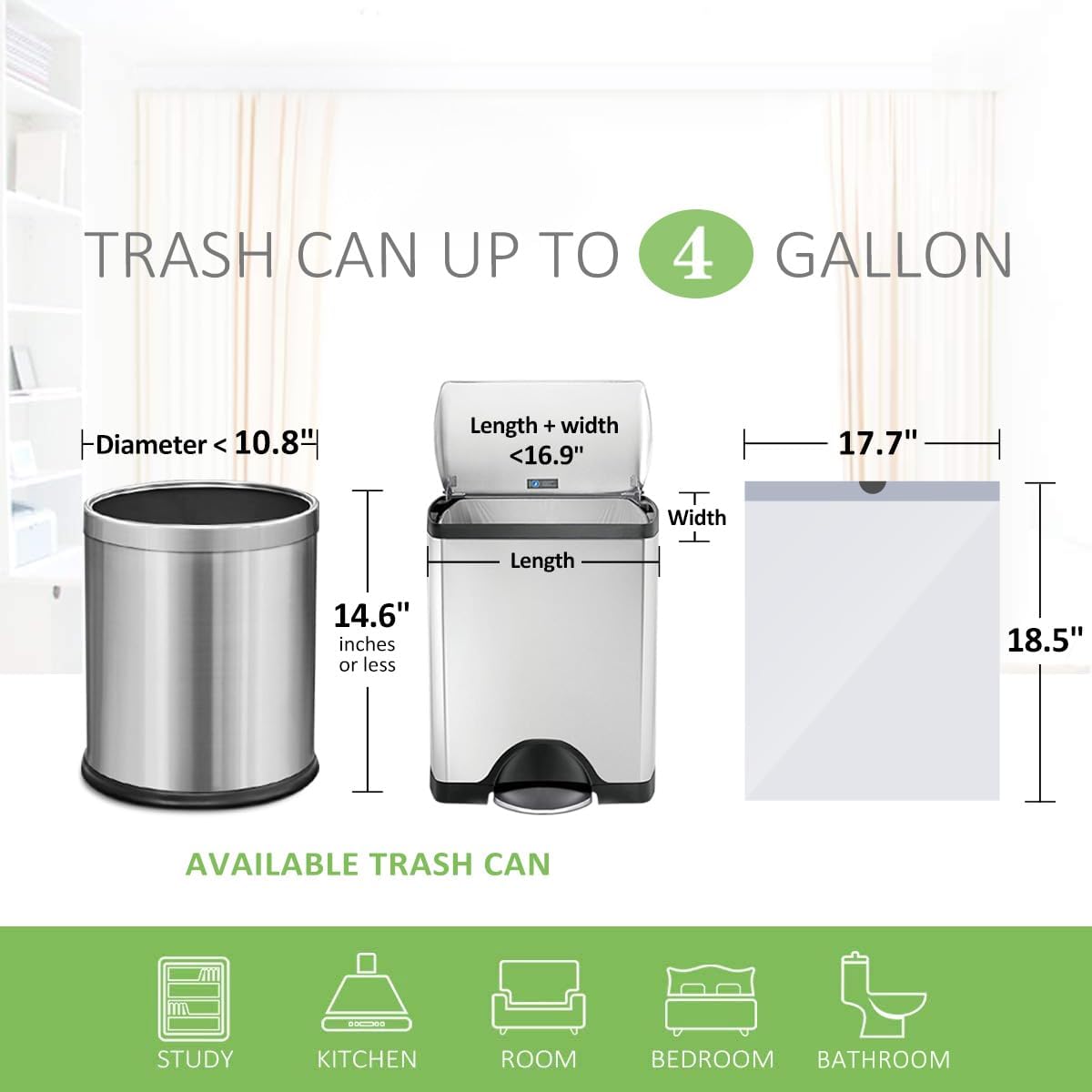 4 Gallon 140 Counts Strong Drawstring Trash Bags Garbage Bags by Teivio, Bathroom Trash Can Bin Liners, Small Plastic Bags for home office kitchen, White