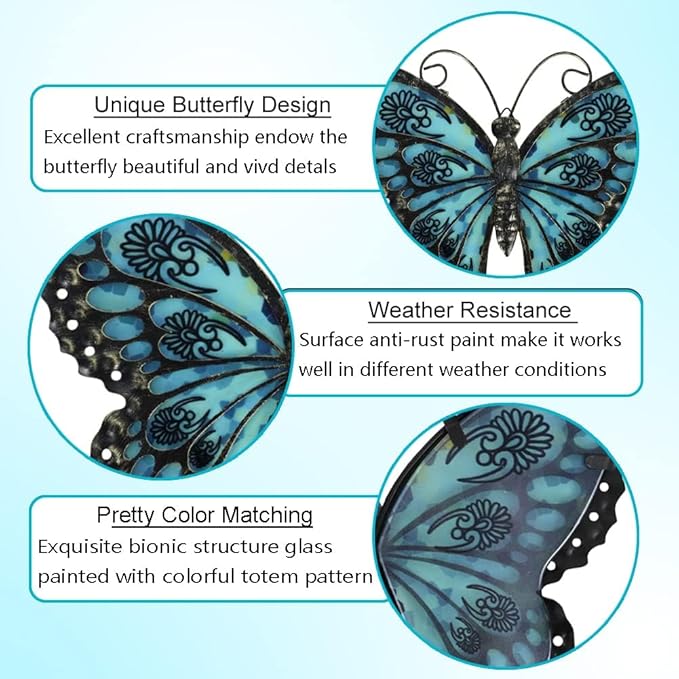 LIFFY Metal Butterfly Wall Decor Glass Outdoor Wall Art Sculptures 12" Hanging Garden Decorations Indoor Home Decorative Ornaments for Patio Yard Fence Bedroom Living Room