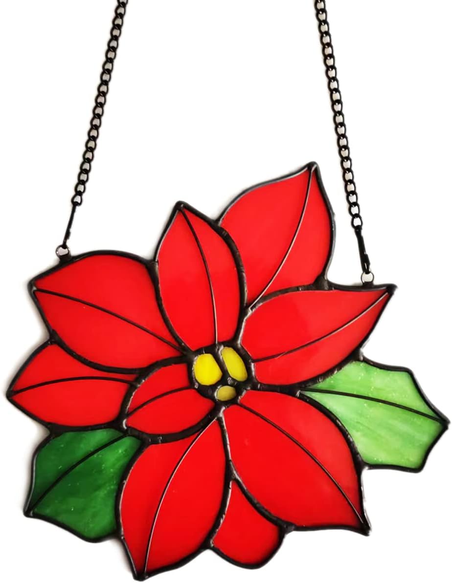 Stained Glass Poinsettia Flower Window Hanging Christmas Sun Catchers Holiday Decoration Window Panels Birthday Gifts for mom,Woman and Friends (red)