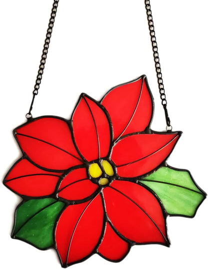 Stained Glass Poinsettia Flower Window Hanging Christmas Sun Catchers Holiday Decoration Window Panels Birthday Gifts for mom,Woman and Friends (red)
