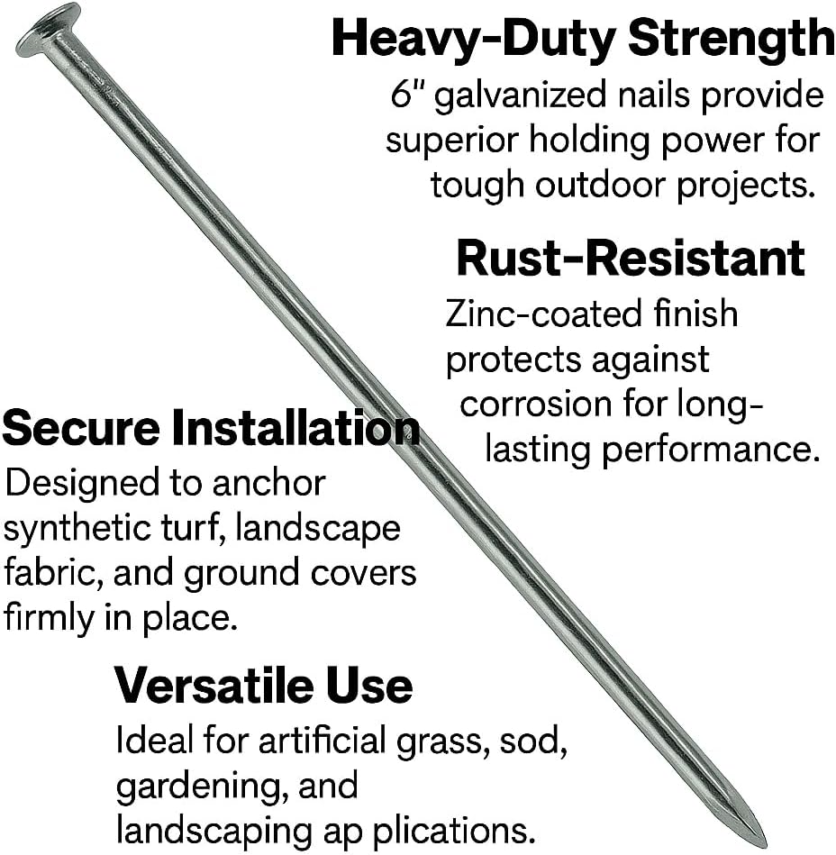 Turf Nails 6'' Galvanized - 140 Pack, Heavy-Duty Fasteners for Synthetic Grass, Landscaping, and Securing Ground Cover Stakes