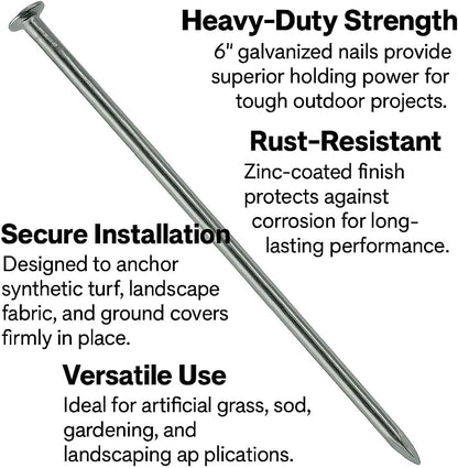 Turf Nails 6'' Galvanized - 140 Pack, Heavy-Duty Fasteners for Synthetic Grass, Landscaping, and Securing Ground Cover Stakes