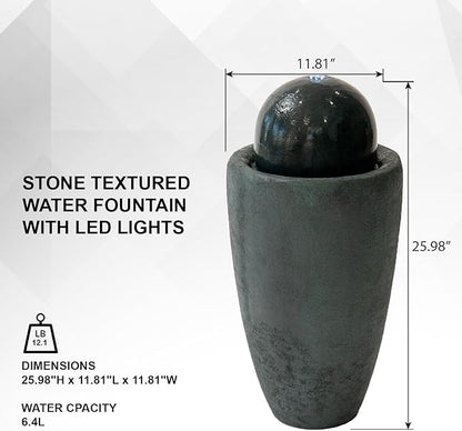 XBrand 25.98" H Round Stone Indoor/Outdoor Modern Stone Textured Sphere Water Fountain w/LED Lights, Ball Fountain Decor, Dark Green
