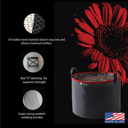 Grow Bag 5 Gallon, Planting Pots - Colorful Plant Grow Bags Pots Gardening Vegetable - Air Pruning Mesh Fabric Plant Container - (Black/Red)