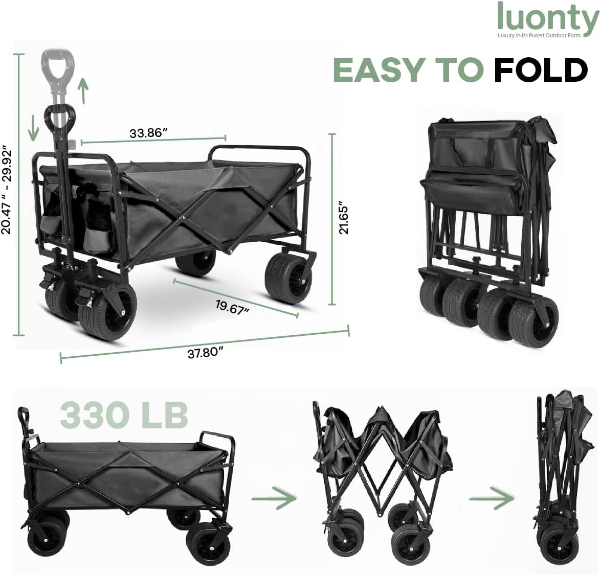 Collapsible Utility Wagon Cart, Heavy Duty Folding Garden Cart with Wheels, Black Steel Frame, 150 L Capacity - 330 LB Capacity