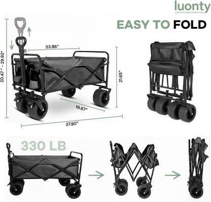 Collapsible Utility Wagon Cart, Heavy Duty Folding Garden Cart with Wheels, Black Steel Frame, 150 L Capacity - 330 LB Capacity