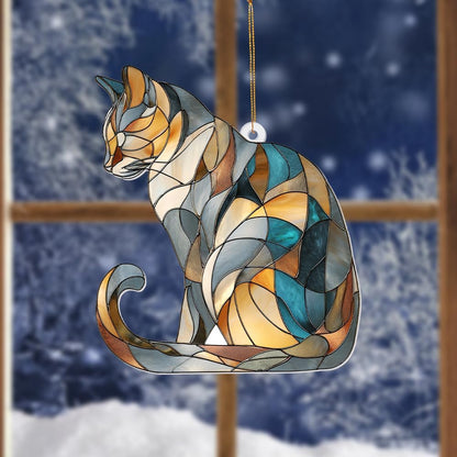 Stained Glass Cat Ornament – 2025 Christmas Tree Decoration, Handmade Animal Suncatcher for Window, for Cat Lovers & Unique Home Décor (Sun-03)