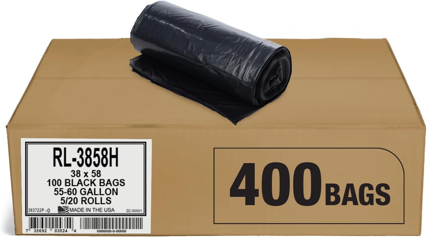 Aluf Plastics 55-60 Gallon Trash Liners - (Value 400 Pack) - 1 MIL Strength Black Plastic Garbage Bags 38"x 58" for 50-55 Gal Cans - Fits Toter, Rubbermaid Brute, Carlislie Bronco etc. (RL-3858H)
