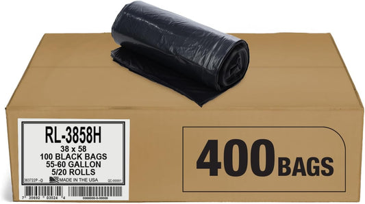 Aluf Plastics 55-60 Gallon Trash Liners - (Value 400 Pack) - 1 MIL Strength Black Plastic Garbage