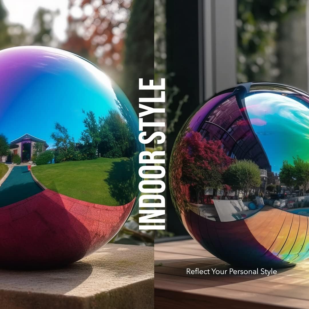 12 Inch Stainless Steel Gazing Globe,v2croft Hollow Ball Mirrored Surface Polished Shiny Sphere,Garden Stainless Steel Gazing Ball for Outdoor Lawn Pond Yard Ornament(rainbow)