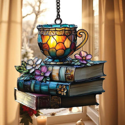 Bookish Teacup Acrylic Suncatcher Stained Glass Effect Window Car Hanging Christmas Ornament Indoor Outdoor Decor Garden Sun Catcher Panel Gifts for Bookworm Lover for Women Mom Grandma