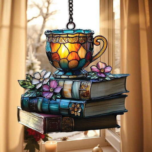 Bookish Teacup Acrylic Suncatcher Stained Glass Effect Window Car Hanging Christmas Ornament Indoor
