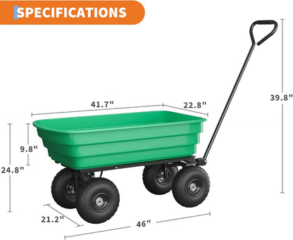 6 Cu.Ft. 1200Lbs Garden Cart Dump Wagon, Heavy-Duty 4 Wheel Wheelbarrow Yard Cart with 13-Inch All-Terrain Wheels, Features A Quick-Release Tipping Function, for Courtyards, Farm and Gardening