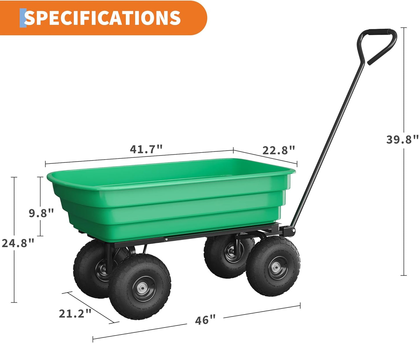 Garden Dump Cart - 1200Lb Capacity Heavy Duty Yard Utility Garden Cart with Removable Dump Bed, All-Terrain Tires & 180° Adjustable Handle for Soil, Plants, Tools