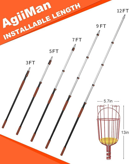 AgiiMan 3 to 12 FT Fruit Picker Pole - Reach to 18 FT Fruit Picker with Telescopic Extension Pole, Lightweight and Sturdy Aluminum Telescopic Pole, Easy to Assemble Fruit Picking Basket