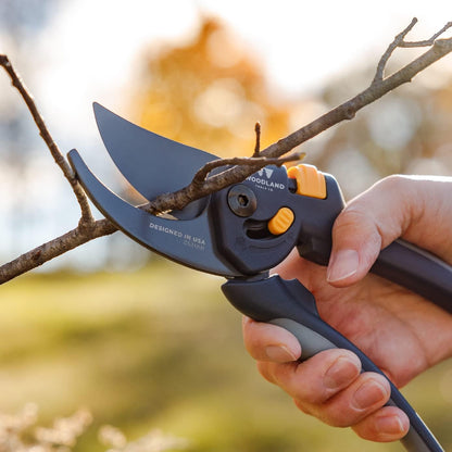 Woodland Tools Co. Heavy Duty Bypass Pruning Shears – 5/8" Cut Capacity, High Carbon Steel Blade, Internal Spring, Adjustable Grip Slider, Garden Hand Pruner for Plants, Shrubs, and Live Stems