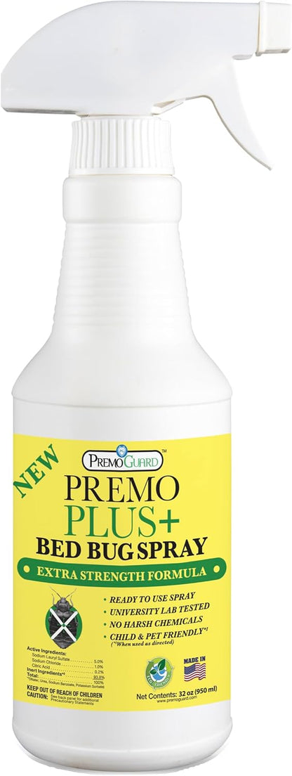 Premo Plus+ Bed Bug Spray Extra Strength – 32 oz – Fast Acting Bed Bug Treatment & Killer – Stain & Scent Free – Child & Pet Safe – Powerful New Stronger Formula – Natural with No Harmful Chemicals