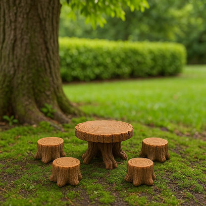 Miniature Tree Stump Garden Furniture Set, Brown Resin, Fairy Garden Decor, Indoor Outdoor Terrarium Accessories for Micro Landscape