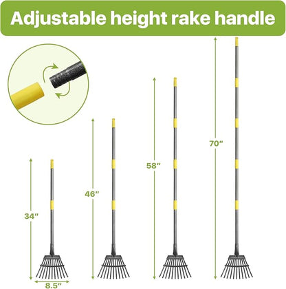 Rake for Leaves, Small Leaf Rake for Garden, 70-inch Adjustable Metal Rakes-Tool with 11 Steel Tines for Gardening, Yard, Shrub, Flower Beds, Lawns